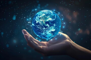 A hand holds a glowing digital Earth with connecting lines, symbolizing global connectivity and technology.