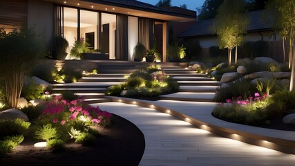Obraz premium Details of contemporary gardening and landscape design. Pathway with lighting in front of residential building. Plants and flowers are highlighted in a landscape garden with an ambient lighting system