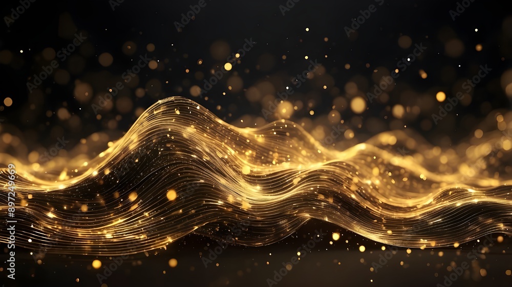 Poster abstract light and wave-like digital gold particles backdrop with dazzling dots and stars