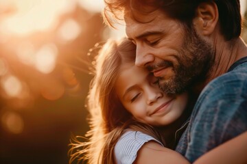 Fototapeta premium Father and daughter are sharing a tender moment, hugging each other tightly in a field as the sun sets behind them