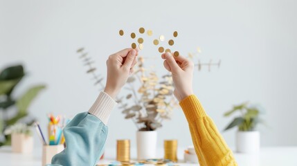 Obraz premium People celebrate around a table overflowing with gold coins.