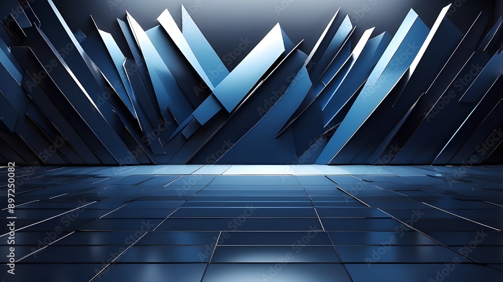 Poster abstract backdrop with sharp edges, dark blue gradient, black lines and geometric patterns, and ligh