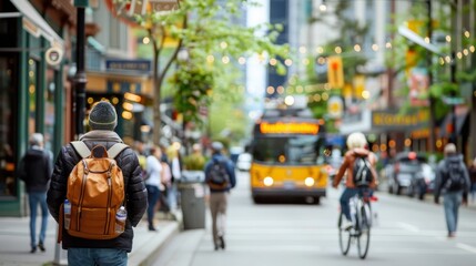A bustling city street lined with trees and bike lanes.