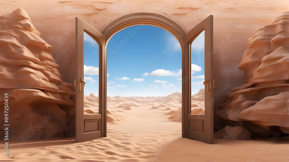 Aufkleber door opened to desert. unknown and first idea. this is a 3d picture.