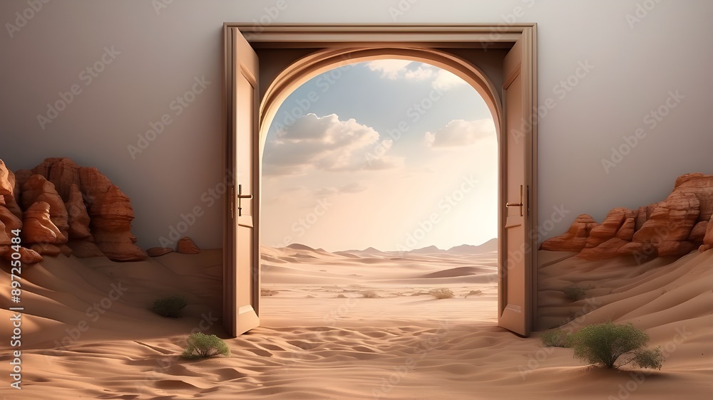 Poster door opened to desert. unknown and first idea. this is a 3d picture.