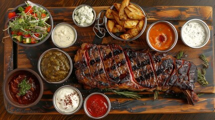 Fototapeta premium A juicy steak served on a wooden board, with a variety of dipping sauces and side dishes, ready for sharing.