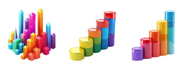 Various 3D Column and Pie Charts Isolated on Transparent Background