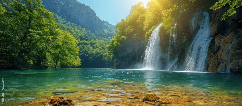 Poster waterfall cascading into a pristine lake