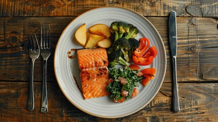A plate with fresh fish and various vegetables, perfect for a healthy meal or food presentation