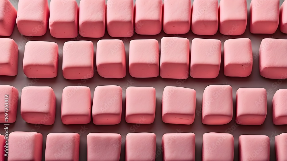 Poster a design of pink marshmallows arranged in a grid against a background of peaches. a top-down image o