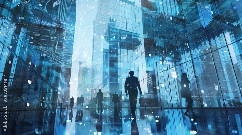 Poster modern office with blurred employees and digital overlay. symbolizes high-tech work environment, eng