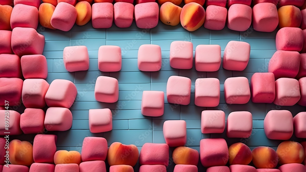 Poster a design of pink marshmallows arranged in a grid against a background of peaches. a top-down image o