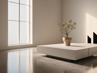 Minimalist White Room with Natural Light, where a single, delicate potted plant with slender stems and small