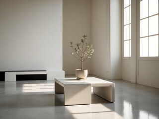 Minimalist White Room with Natural Light, where a single, delicate potted plant with slender stems and small