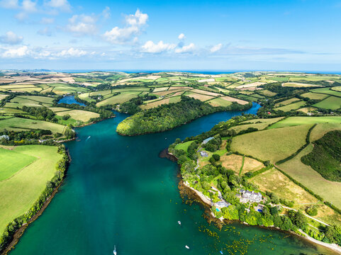 Salcombe and Mill Bay over Kingsbridge Estuary from a drone, Batson Creek, Southpool Creek, Devon, England, Europe