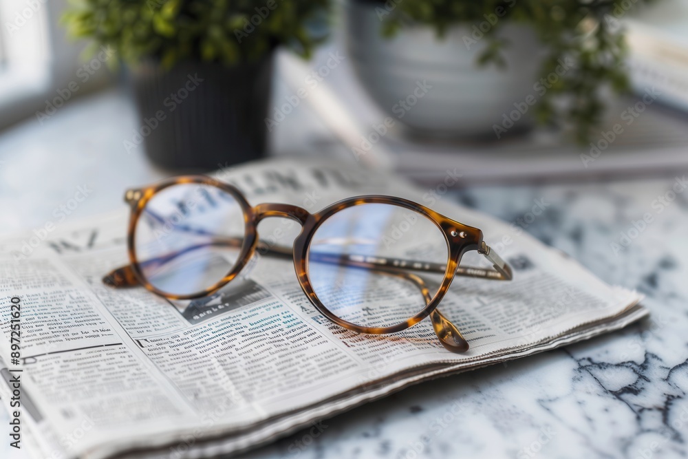 Wall mural a pair of brown tortoiseshell eyeglasses rest on an open newspaper, with a blurred background. gener