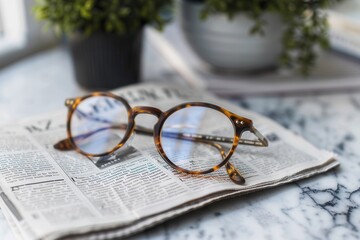 A pair of brown tortoiseshell eyeglasses rest on an open newspaper, with a blurred background. Generative AI