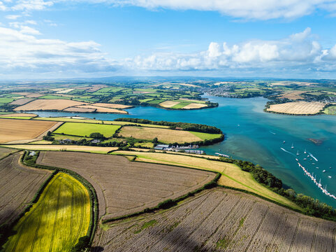 Salcombe and Mill Bay over Kingsbridge Estuary from a drone, Batson Creek, Southpool Creek, Devon, England, Europe