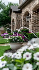 A sprinkler system sprays water onto a bed of pink flowers in a park setting. The morning mist hangs in the air, creating a soft and dreamy atmosphere