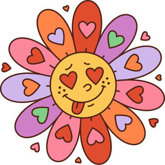 Cartoon retro groovy hippie lover daisy flower. Isolated vector y2k chamomile floral character spreading love. Funny daisy bloom with loving face emotion. Cheerful camomile with heart eyes radiate joy
