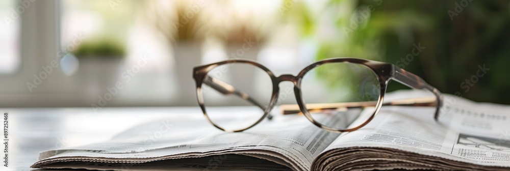 Leinwandbilder eyeglasses rest on an open book with a blurred background. generative ai