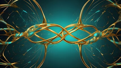 a symmetrical backdrop with luminous double helix structures in tones of genetic gold, biotech green, and cosmic teal that intertwine with one another. in the Fusion of Healthcare