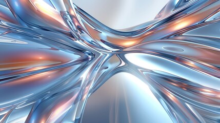 Shimmering metallic backdrop with abstract shapes reflecting light and creating fluid elegance in silver, blue, and subtle orange tones