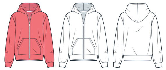 Zip Hoodie technical fashion illustration. Zipped Jacket fashion flat technical drawing template, pocket, relaxed fit, front back view, white, corall red, women, men, unisex Sportswear CAD mockup set. © Liubov Hladka
