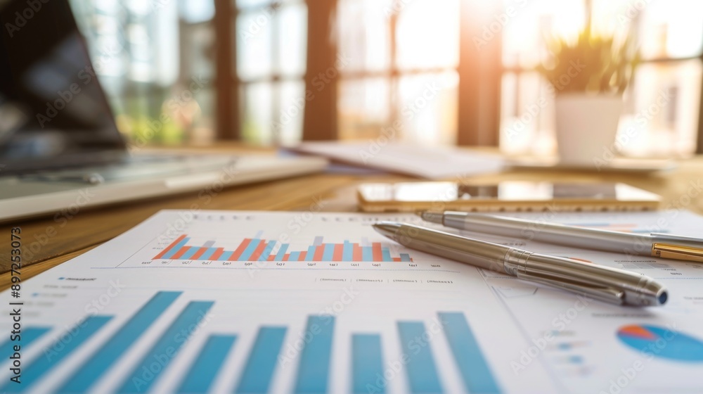 Poster a printed report with a bar graph highlighting key performance indicators, laying on a desk.