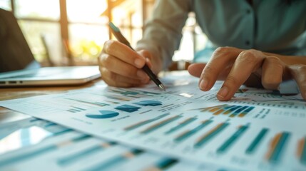 A printed business report with graphs and charts, being reviewed by an executive.