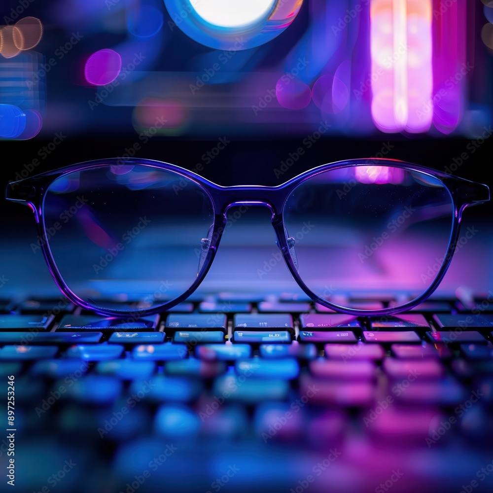 Poster eyeglasses sit on a keyboard with blue and pink lighting in the background. generative ai