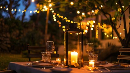 A romantic outdoor dinner setup with a lantern centerpiece, providing soft, intimate lighting