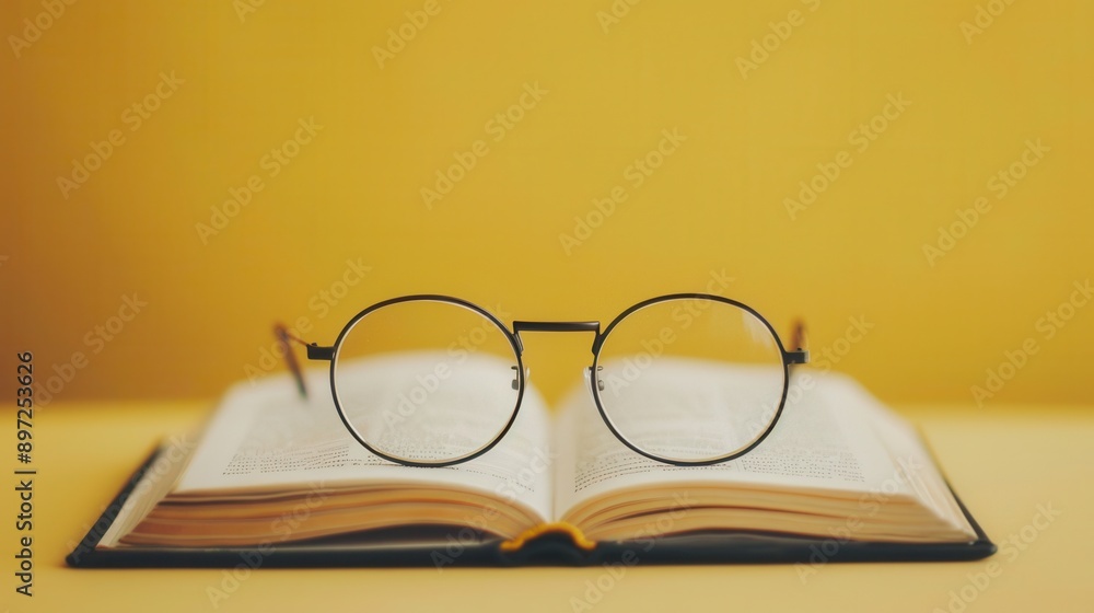 Aufkleber a pair of eyeglasses sits on an open book against a minimalist yellow background. generative ai