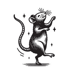 Dancing rat. mouse.  Vintage retro engraving illustration. Black icon, isolated element	