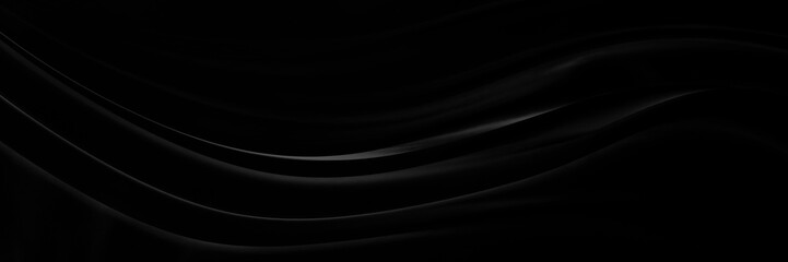 Black gray satin dark fabric texture luxurious shiny that is abstract silk cloth panorama background with patterns soft waves blur beautiful.