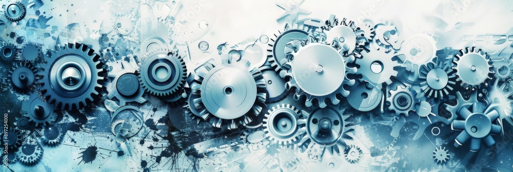 Poster mechanical gears and cogwheels with abstract background. concept of engineering, machinery, and tech