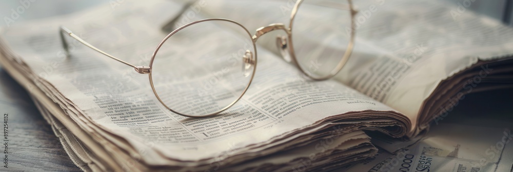 Poster round eyeglasses are resting on an open book, with the pages visible below. generative ai