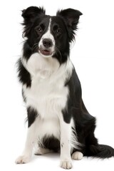 Fototapeta premium Close-up of a Border Collie dog with expressive eyes on beige background.