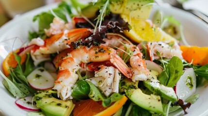 A seafood salad with mixed greens, avocado, crab meat, and a light citrus dressing.
