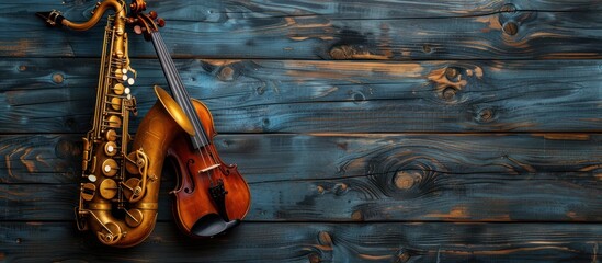 Saxophone and Violin on a Rustic Wooden Background