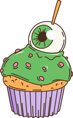 Cartoon retro groovy Halloween scary cupcake with monster eye, vector 70s or 80s symbol. Halloween trick or treat party spooky sweets or monster cake in retro groovy art for horror night holiday