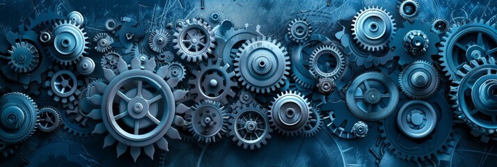 Wide view of multiple blue gears interlocked in a mechanical system. Represents industrial engineering and technological complexity.