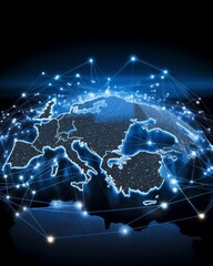 European network on globe for finance, business trade, and telecommunications connectivity
