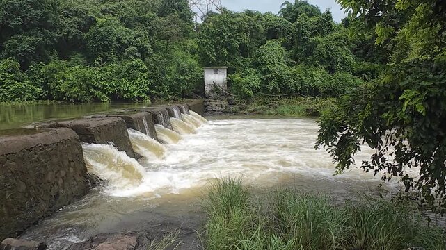 A small check dam with water flowing over it, producing a gentle sound, set in a tranquil environment.
