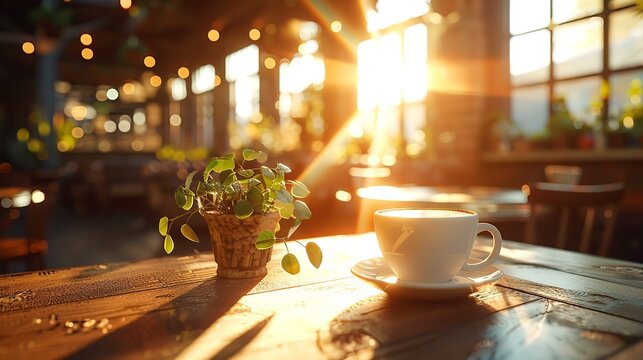 Hot Coffee cup and coffee beans roating on the wooden table and the coffee shop background