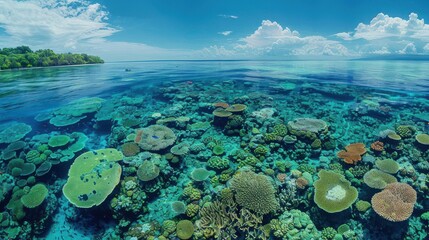 Vibrant coral reef teeming with marine life under clear blue water, showcasing a rich underwater ecosystem.