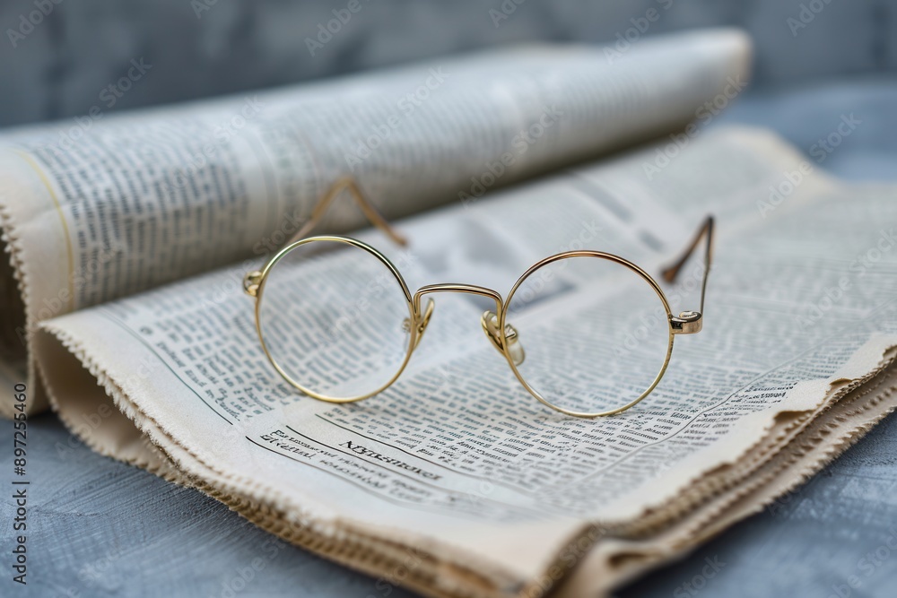 Leinwandbilder Round eyeglasses lay on an open book with a minimalist background. Generative AI