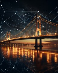 Nighttime smart city lights  bridge over river with advanced technology and network connectivity