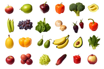 Set of different fresh vegetables and fruits isolated on transparent background