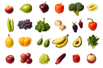 Set of different fresh vegetables and fruits isolated on transparent background